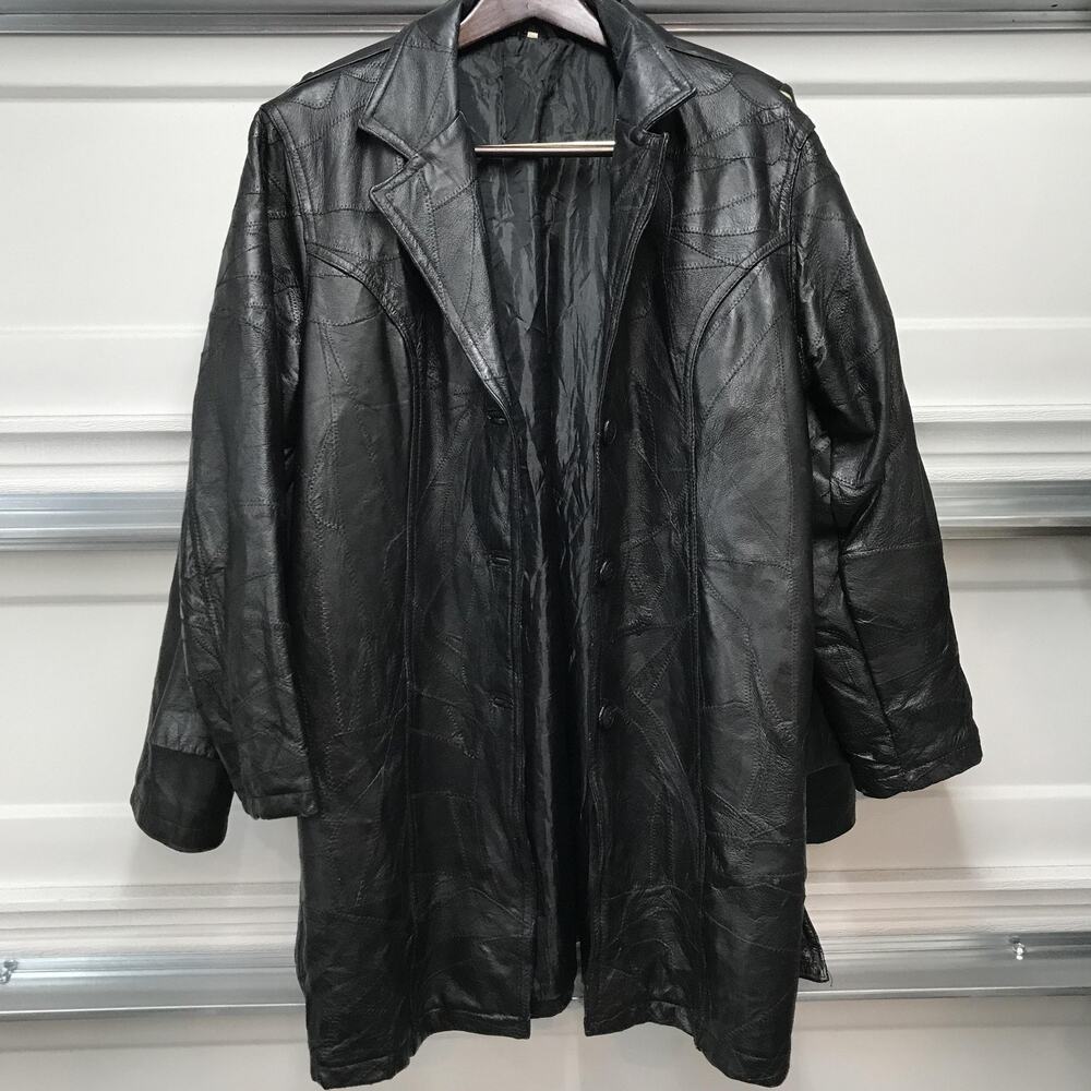 Leather Coat Mens Medium Black Belted Patchwork Trench Genuine Leather Overcoat